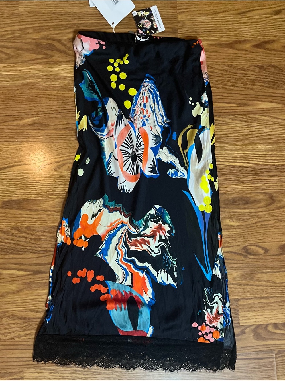 Desigual Black Satin skirt with Multicolor Print and lace hem